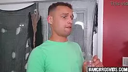 Petite blonde sucks monster cock in stockings costume