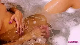 sexy teen brunette shows perfect body in bath, casting amateurs