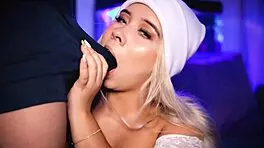 Horny blonde teases boyfriend's cock through tight boxers