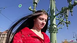 German scout interviews skinny tall teen Lana Lenani with long legs and hair at outdoor casting