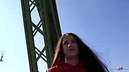 German scout interviews skinny tall teen Lana Lenani with long legs and hair at outdoor casting