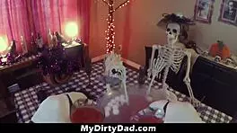 Stepdaughter tricks papa into halloween mischief with big cock