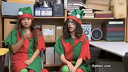 Intense office threesome with asian teen elves