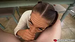 Stepsister JC Wilds sneaks under table to give Conor a wet, sloppy blowjob in college.