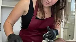 hey, during depilation training with sugarnadya, client cums on young apprentice!