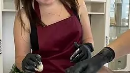 hey, during depilation training with sugarnadya, client cums on young apprentice!