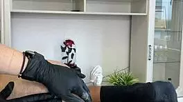 hey, during depilation training with sugarnadya, client cums on young apprentice!