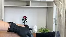 hey, during depilation training with sugarnadya, client cums on young apprentice!