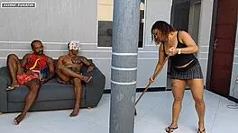 Two muscular students hire a cleaner, but end up fucking her hard, filling her ass and mouth with cum.