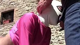 Laura in heels performs outdoor blowjob leading to oral creampie