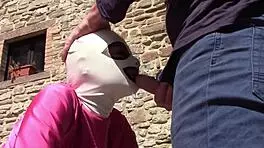 Laura in heels performs outdoor blowjob leading to oral creampie