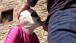 Laura in heels performs outdoor blowjob leading to oral creampie