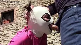 Laura in heels performs outdoor blowjob leading to oral creampie