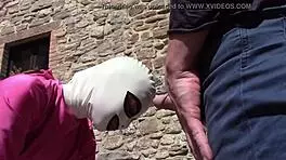 Laura in heels performs outdoor blowjob leading to oral creampie