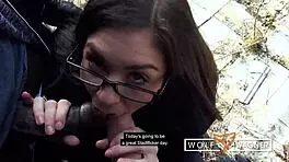 Lullu Gun intensely spit roasted outdoors by two filthy interracial fuckers