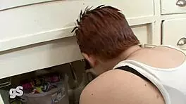 Sexy lesbian plumber licks wet pussy of hot milf brunette