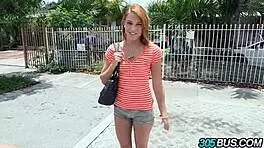 Petite redhead Daisy Dalton fucked in public humiliation style