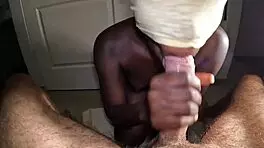 Pov ebony teen gives blowjob and swallows cum.