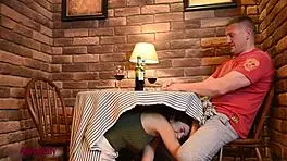 Crazy hot girl sucking dick under the table in the cafe, so wild!