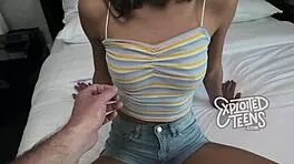 leggy teen 18+ amateur strips and sucks cock