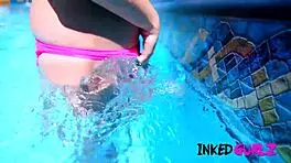 Tattooed Petite Brunette Fucked in Family Pool