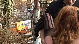 redhead teen gets blowjob and fucked outdoors to orgasm