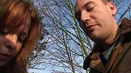 redhead teen gets blowjob and fucked outdoors to orgasm