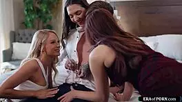 a guy struggles to hold back while fucking three hot petite brunettes in a wild sex session