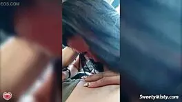 sexy brunette babe sucks big dick in car by sea, cum in mouth