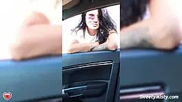 sexy brunette babe sucks big dick in car by sea, cum in mouth