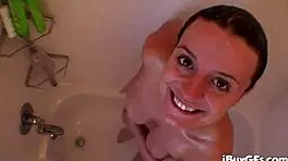 Denice K sucks hard cock in lingerie shower