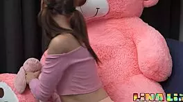 Petite Lina Lii shyly fucking herself with pink dildo in shorts 😍