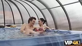 old man penetrates trimmed pussy by the pool with riding and blowjob