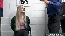 Shoplifter Emma Starletto forced by pervy guard into rough teen sex