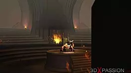 a sexy young 18+ blonde gets slammed hard by a fire demon in a wild dungeon scene.