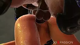 a sexy young 18+ blonde gets slammed hard by a fire demon in a wild dungeon scene.