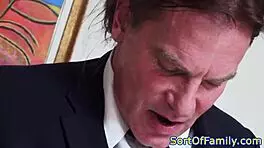 Busty tattooed stepmom licks balls in threeway blowjob with facial