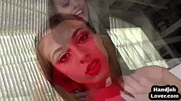 Pornstar babe gives handjob and talks dirty