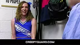 Blonde teen cheerleader handjob in office with dirty officer