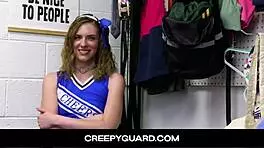Blonde teen cheerleader handjob in office with dirty officer