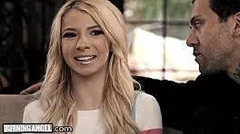 Babysitter Kenzie Reeves joins tattooed couple for wild hairless pussy play