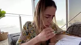 Relax on the balcony while getting a blowjob and huge facial