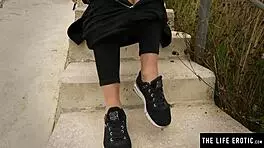 Cute teen masturbates in public place.