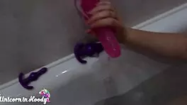 horny blonde pov blowjob and pussy fuck after dildo in bath