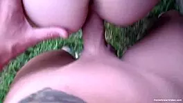 Cute blonde girlfriend fucked outdoors by the shed. She rides in garage.