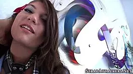 Teen ass gets strapon fucked hard.