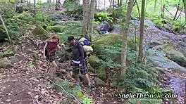 skinny redhead deepthroats at waterfall, fucked hard and squirts