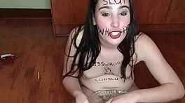 Why would this slut eat piss-covered fruits while degrading herself?