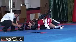 cute teen orally pleased by wrestling partner after a fight and masturbation