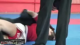 cute teen orally pleased by wrestling partner after a fight and masturbation